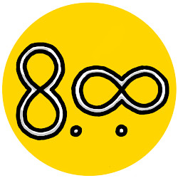 Zeichnung einer stehenden und einer liegenden Acht in schwarz-weiß-grau vor einem gelben Kreis