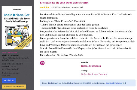 Einreichung des Ratgebers "Mein Krisen-Set. Erste Hilfe für die Seele durch Selbstfürsorge" beim Wettbewerb zum Selfpublisher Buchpreis 2025/26
