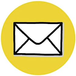 Schwarz-weiß-Zeichnung von Sabine Musseleck, die einen Briefumschlag auf gelbem Hintergrund zeigt als Symbol für den Welttag des Briefschreibens