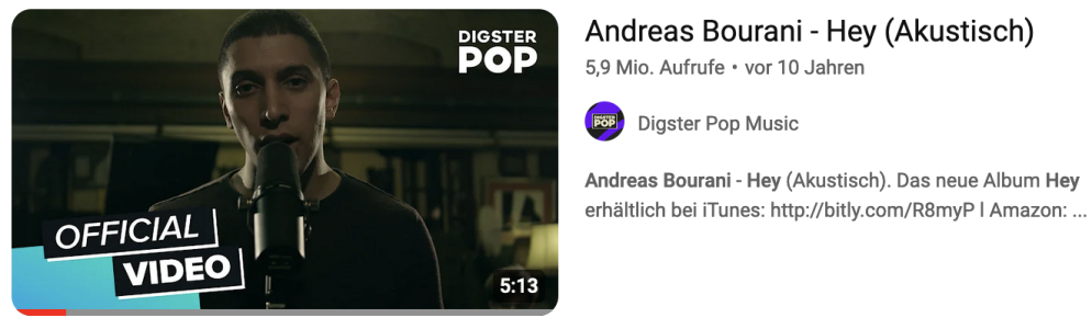 Official Songvideo von Andreas Bourani "Hey" bei uTube