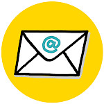 Schwarz-weiß-Zeichnung eines Briefumschlags mit einem türkisfarbenen @ vor gelbem Kreis als Symbol für E-Mail. Mit dem Klick aufs Bild öffnet sich eine vorbereitete E-Mail an Sabine Musseleck.