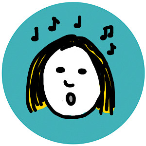 Sketchnote eines singenden Frauenkopfs mit tanzenden Noten vor türkisfarbenem Kreis