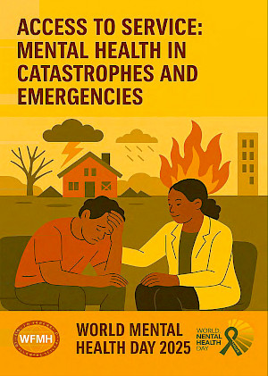 Deckblatt zum offziellen Dokument der WFMH zum World Mental Health Day 2025 mit dem Titel "Access to Service: Mental Health in Catastrophies and Emergencies"