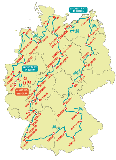 Deutschlandkarte mit Streckenverlauf der Mut-Tour 2025