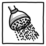 Schwarz-weiß-Zeichnung eines nach rechts unten brausenden Duschkopfs in einem quadratischen Rahmen