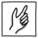 Schwarz-weiß-Zeichnung einer linken Hand mit ausgestreckten Daumen und Zeigefinger in einem quadratischen Rahmen