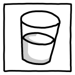 Schwarz-weiß-Zeichnung eines zur Hälfte gefüllten Wasserglases in einem quadratischen Rahmen