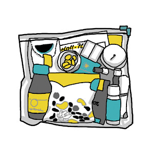 Zeichnung von meinem persönlichen Krisen-Set-Täschchen fürs Front-Cover meines Ratgebers in den Farben schwarz-weiß-grau-türkis-gelb