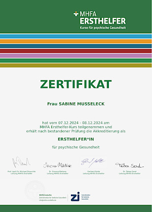 Sabine Musselecks MHFA-Ersthelfer-Zertifikat